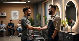 Client shaking hands with barber before haircut in modern barbershop