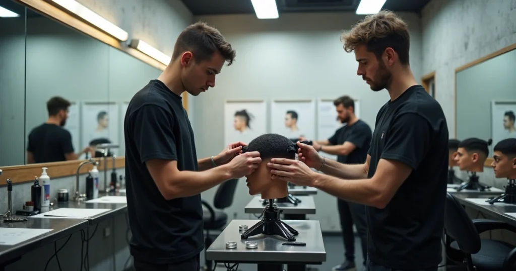 Instructor correcting barber trainee’s hand position during haircut practice
