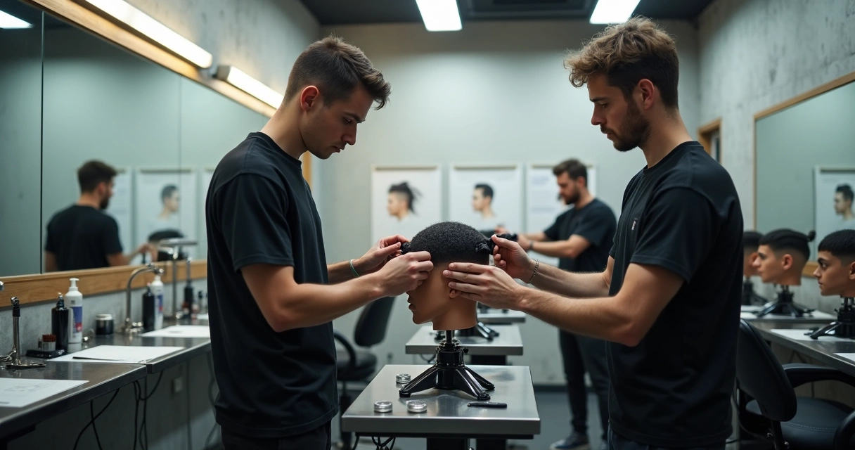 Instructor correcting barber trainee’s hand position during haircut practice