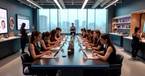 Students practicing beauty techniques in a modern academy classroom