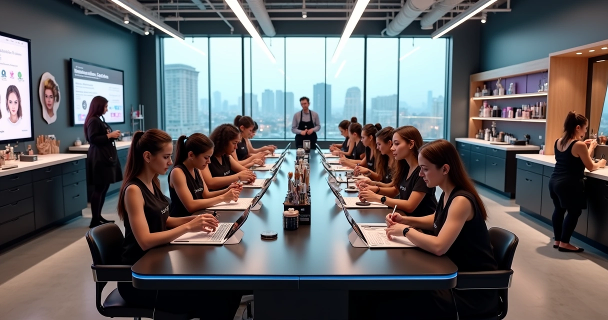 Students practicing beauty techniques in a modern academy classroom
