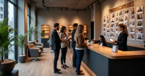 Loyal beauty salon clients gathered around a modern reception desk with a mural wall of Polaroid photos