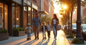 Family walking together on a city sidewalk during a calm evening stroll