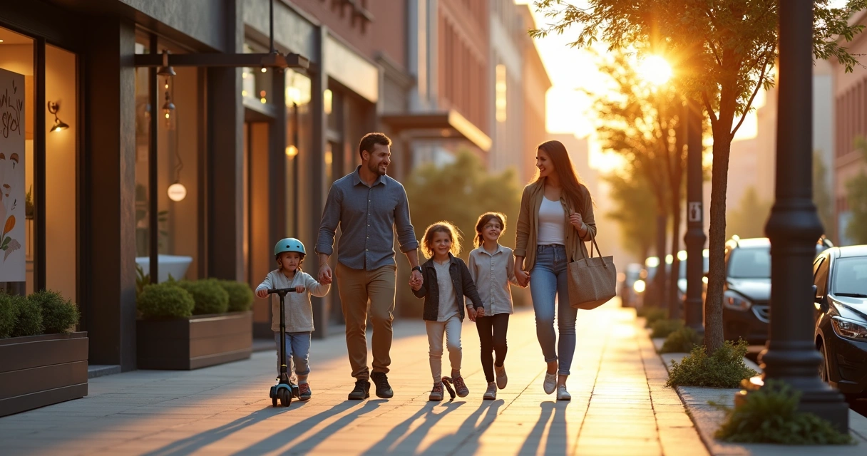 Family walking together on a city sidewalk during a calm evening stroll