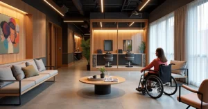 Inclusive beauty studio waiting area with diverse seating and accessible layout