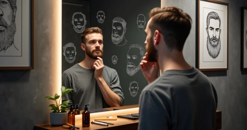Man comparing different beard styles on mirror sketches