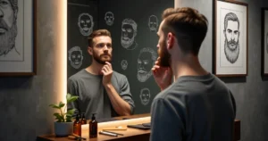Man comparing different beard styles on mirror sketches