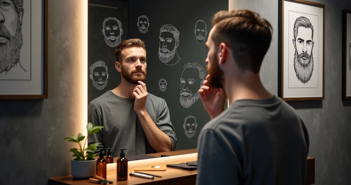 Man comparing different beard styles on mirror sketches