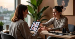 Stylist consulting with client while choosing personalized beauty details