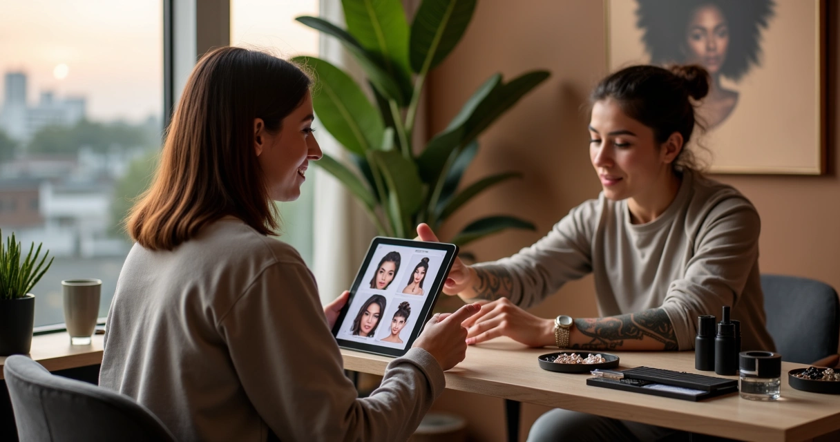 Stylist consulting with client while choosing personalized beauty details