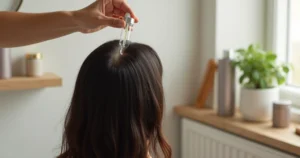 Person massaging scalp with serum dropper in bright bathroom