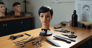 Beginner barber practice mannequin and tools laid out on a wooden workbench