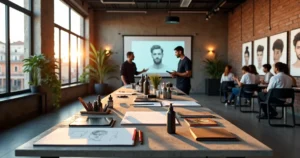Creative studio-style grooming space with art and coaching session