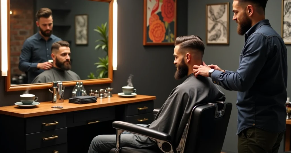 Barber adjusting client’s haircut in front of large mirror in cozy barbershop