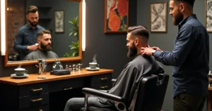 Barber adjusting client’s haircut in front of large mirror in cozy barbershop
