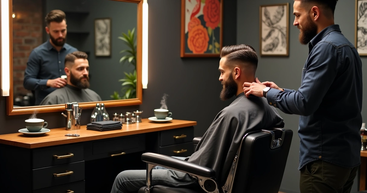 Barber adjusting client’s haircut in front of large mirror in cozy barbershop