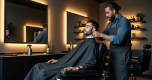 Person relaxing in barber chair while barber adjusts cape in cozy modern barbershop