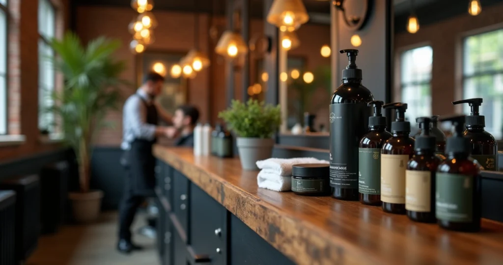 Close-up of organized hair products on a barbershop shelf with client in chair blurred in background