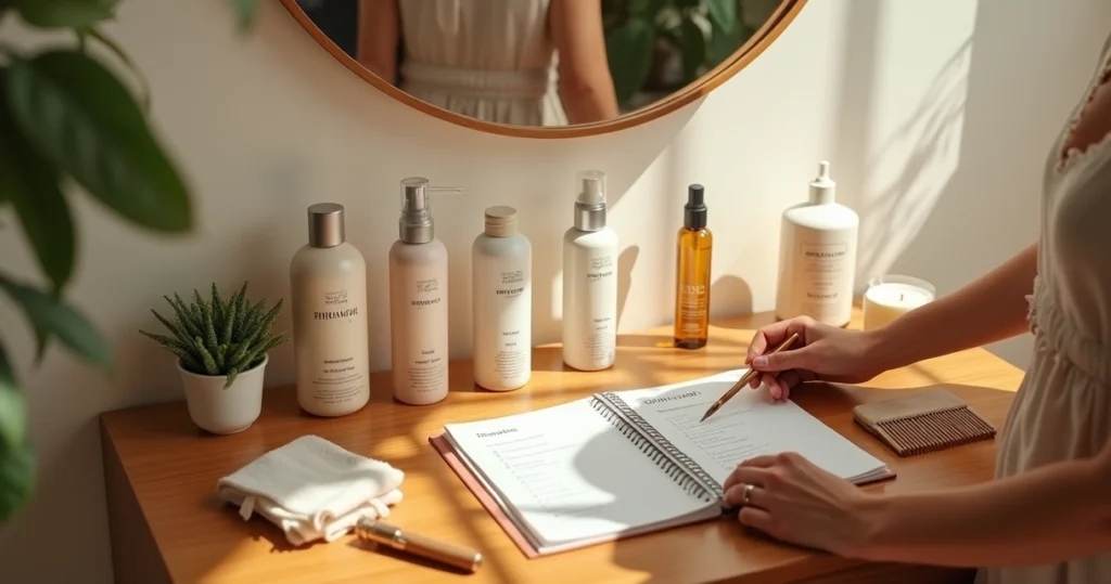 Overhead view of a person organizing haircare products on a wooden vanity