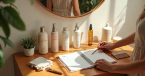 Overhead view of a person organizing haircare products on a wooden vanity