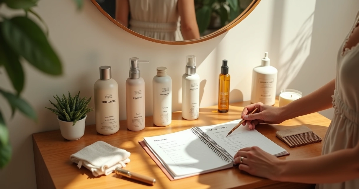 Overhead view of a person organizing haircare products on a wooden vanity