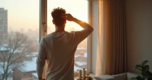 Person touching hairline near window showing changing weather outside