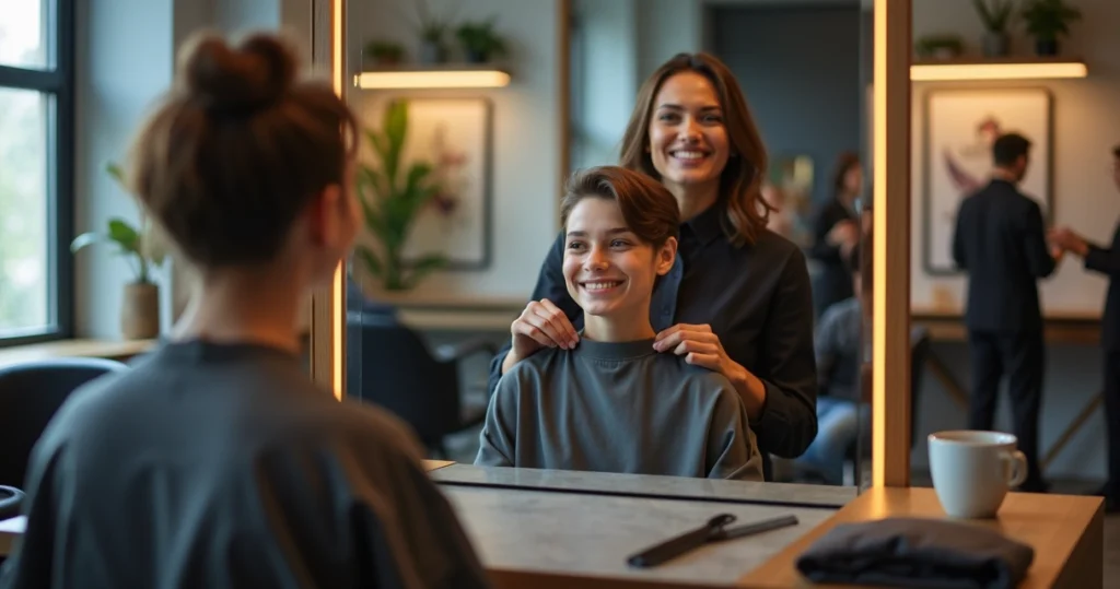 Smiling client admiring fresh haircut in salon mirror