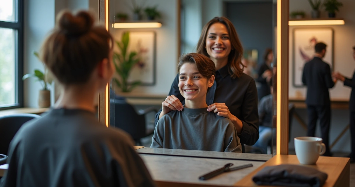 Smiling client admiring fresh haircut in salon mirror