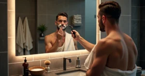Man shaving with straight razor in steamy bathroom mirror