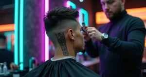 Close-up of geometric hair tattoo on side fade under neon barber lights