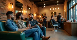 Friends chatting at a lively barbershop lounge with craft beers