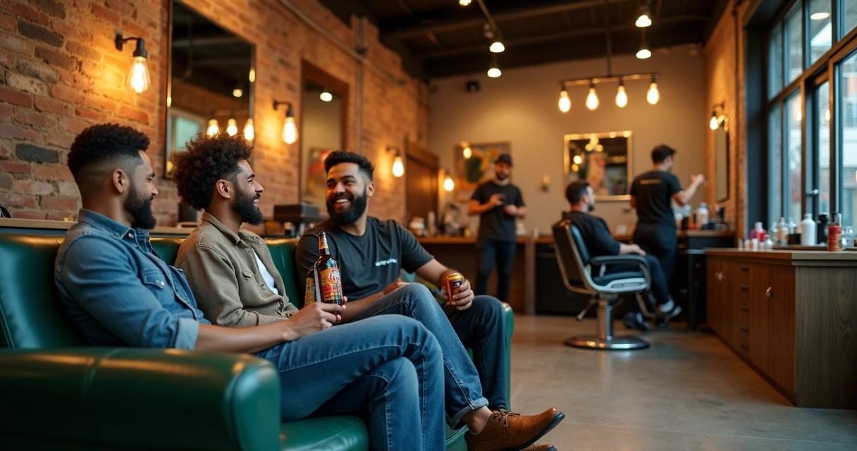 Friends chatting at a lively barbershop lounge with craft beers
