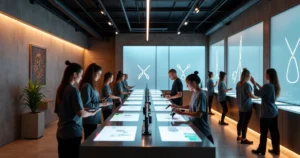 Mixed group styling hair together at a futuristic shared grooming station